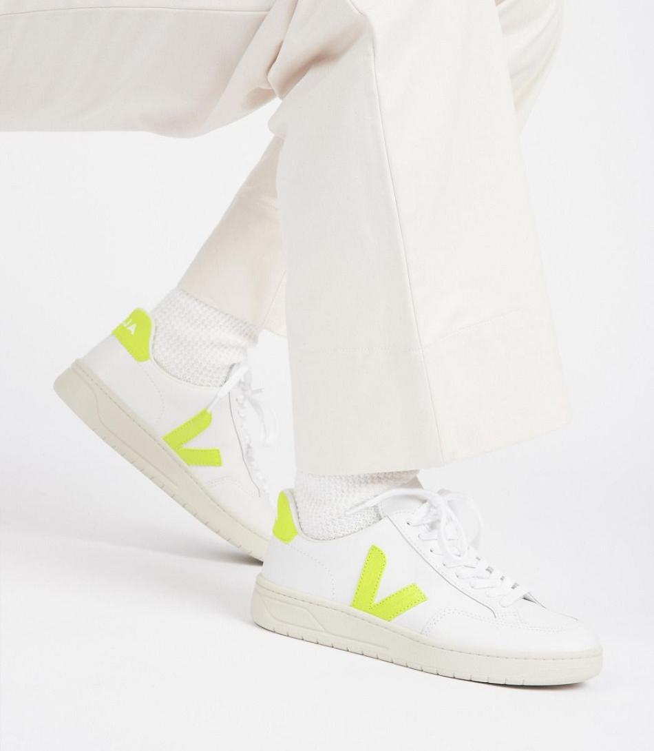 White Veja V-12 Leather Jaune Fluo Outlet Adults | QNZUV84144